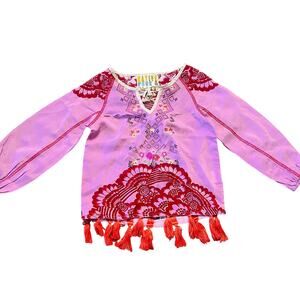 Vintage Y2K NWT Native Funk & Flash 100% silk Pink and Red Fringe Top Youth XXS